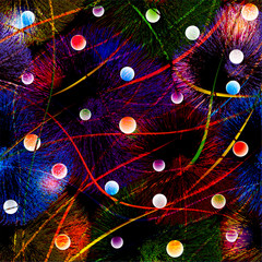 Abstract background with colorful fireworks splash, balls and garlands