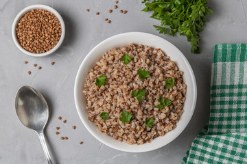 Buckwheat porridge. The concept of cooking buckwheat. The view from the top. Copy space