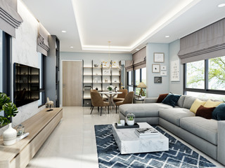 Modern contemporary living room and dining table. 3D render