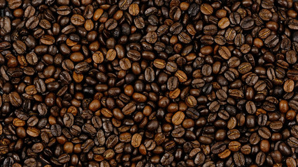 Roasted coffee beans background, Close Up mixture of different kinds of coffee beans.