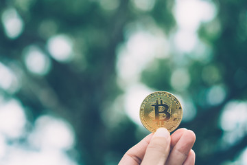 Hand hold a symbol of Bitcoins as cryptocurrency with nature background with copyspace that you can put text on.