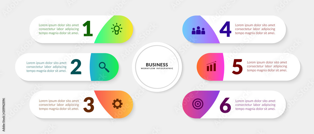 Poster business infographic with multiple step, colorful workflow elements