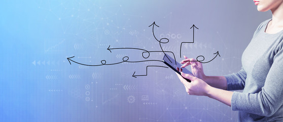 Idea arrows with business woman using a tablet computer