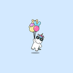 Cute unicorn with sunglasses holding balloons, vector illustration © Totostarkk9456
