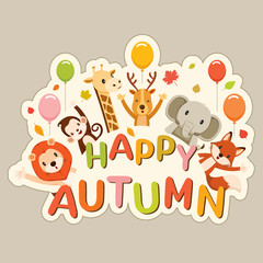 Happy Autumn Texts With Animals Banner
