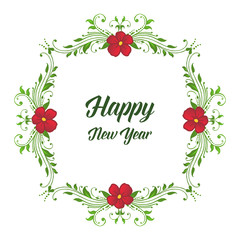 Various bright green leaves and artwork red flower frame, ornate template for card happy new year. Vector