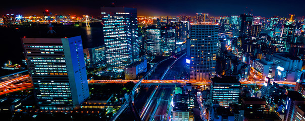 Aerial view of the cityscape of Minato, Tokyo, Japan at night