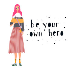 Young woman or girl dressed and standing in trendy, fashionable clothes Girl power concept with lettering. Female cartoon character. Flat colored vector. All elements are isolated