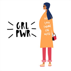 Young woman or girl dressed and standing in trendy, fashionable clothes Girl power concept with lettering grl pwr. Female cartoon character. Flat colored vector. All elements are isolated