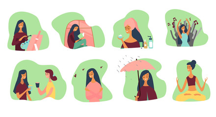 Love yourself and happy lifestyle concept . Big Set of Girls or women who take time for your self: read books, go to events, create, be positive, do yoga, healthcare, skincare. Vector illustration. 