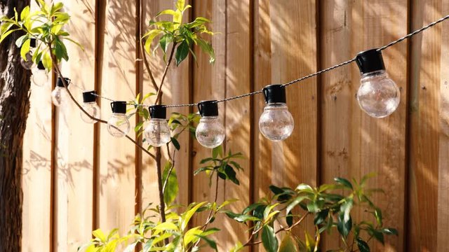 globe string lights outdoor hanging from trees in private garden moving in the wind