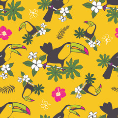 Vector yellow colourful tropical birthday party seamless pattern background. With toucan birds.Perfect for fabric, scrapbooking, wallpaper projects.