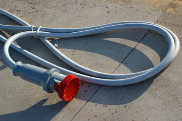 Charging high voltage socket cable. Yacht port electric wire equipment for power supply.