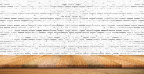 Empty wooden table top, counter or shelf on white brick wall background, For food display banner,...