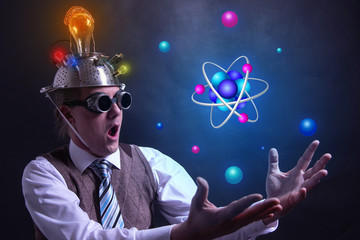 Nerd with tin foil hat presenting Atom icon
