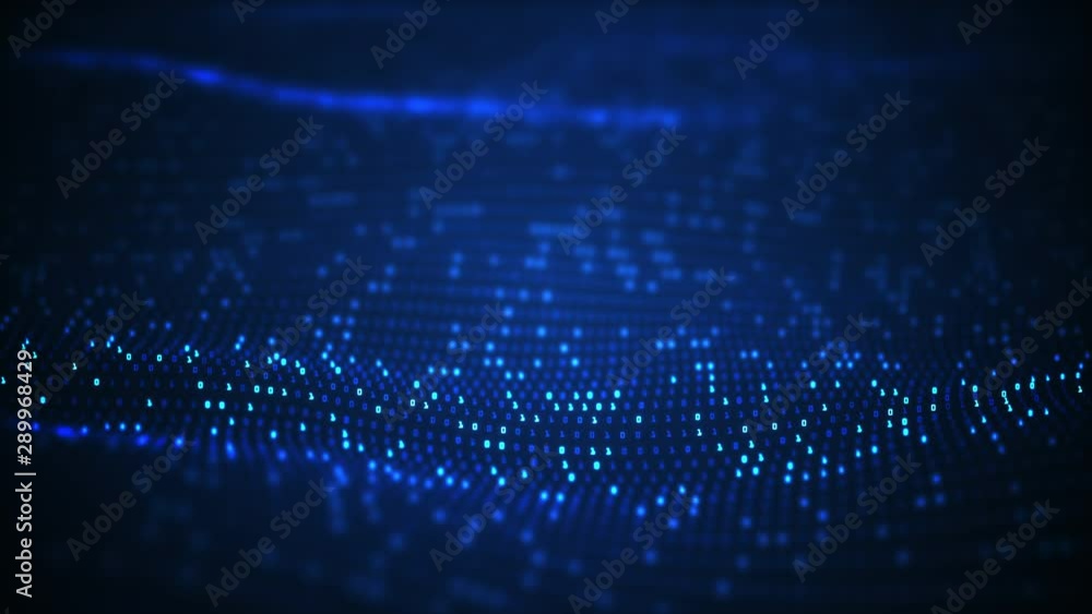 Poster technology binary data wave background concept.beautiful motion waving dots texture with glowing def