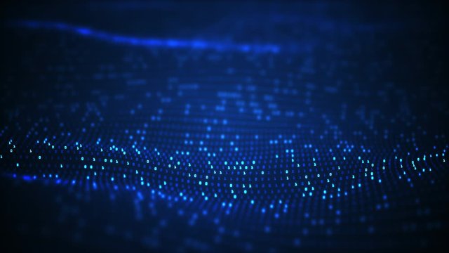 Technology binary data wave background concept.Beautiful motion waving dots texture with glowing defocused particles.Digital binary data technology background.