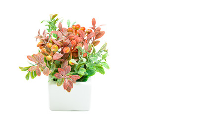 Vases of flowers, Artificial orange and green flower bouquet with white vase isolated on white background. Copy space, Selective focus.