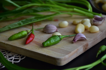 fresh vegetables on plate,morning glory,garlic,chillies