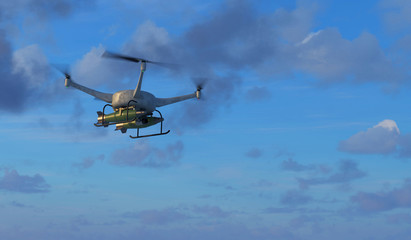 3D illustration of a weaponized UAV drone in flight. Fictitious UAV and weapons, motion blur and depth-of-field for dramatic effect.