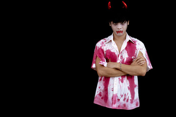 Asian man costume in hell, evil on black background.