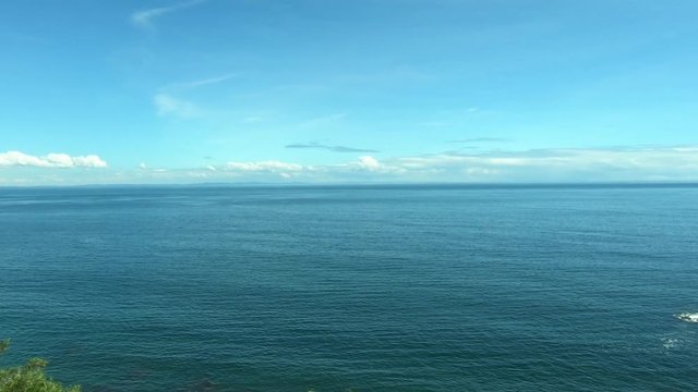 Japan Railway train window. View of the sea