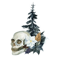 Watercolor illustration with skull and flowers. Gloomy illustration. Suitable for cards, invitations, halloween, holidays, etc.