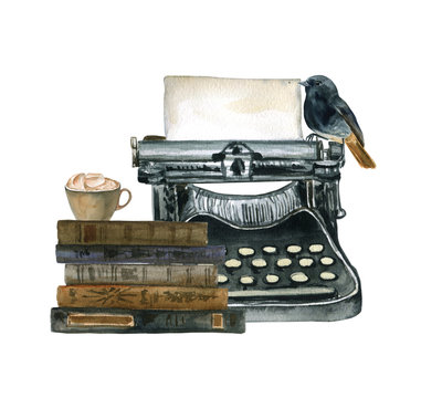 Watercolor illustration with books, vintage typewriter and bird. Suitable for cards, invitations, halloween, holidays, etc.