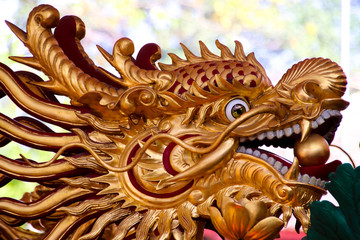 Golden dragon sculpture decoration during the traditional Dong Ky Firecracker Festival in Vietnam
