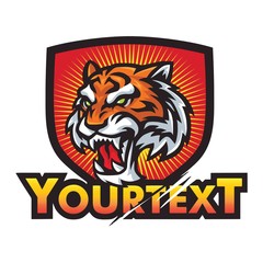 Tiger Head Roar Logo Vector Illustration Shield Background