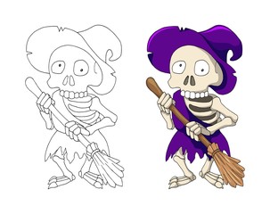 Undead Human Skeleton Hag in Violet Robe and Witch Hat, cartoon Character