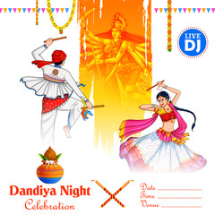 illustration of couple playing Dandiya in disco Garba Night banner poster for Navratri Dussehra festival of India