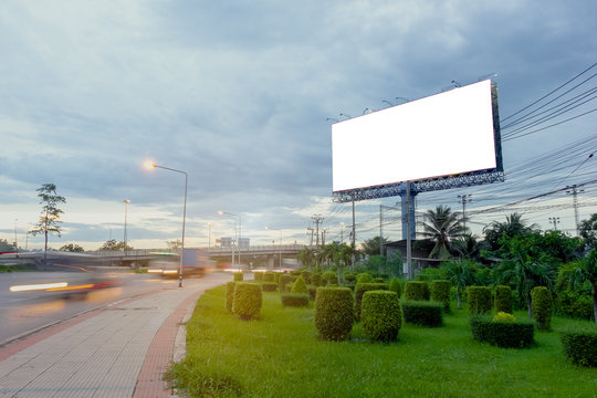 Street Long Exposure With Blank Billboard White On Road Curve.