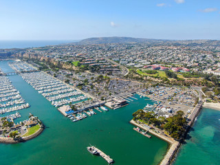 Aerial view of Dana Point Harbor and her marina with yacht and sailboat. southern Orange County, California. USA