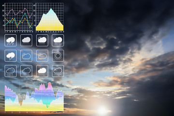 Weather forecast symbol data presentation with graph and char of dramatic atmosphere panorama view of beautiful sunset sky and clouds in summer.