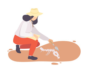 Female Archaeologist Sweeping Dirt from Bones of Prehistoric Animal Skeleton Using Brush, Paleontology Scientist Character Working on Excavations with Historical Artifacts Flat Vector Illustration