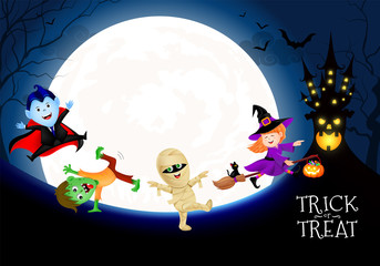 Halloween cartoon character set in moon night. witch, count dracula, zombie and mummy.  Happy halloween concept. Illustration for banner, poster, greeting card, digital design.