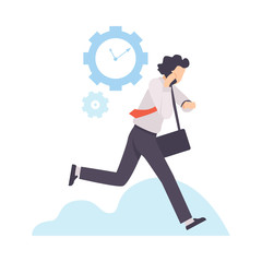 Businessman Running to Work With Briefcase, Organization and Control of Working Time, Efficient Time Management Business Concept Flat Vector Illustration