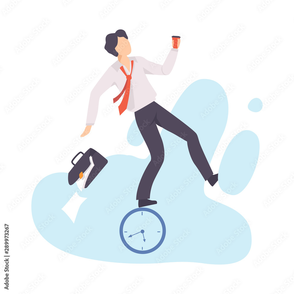 Sticker Stressed Overworked Businessman, Organization and Control of Working Time, Deadline and Time Management Business Concept Flat Vector Illustration