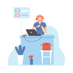 Young Woman Organizing and Controlling Her Working Time, Housewife Working at Home with Laptop, Efficient Time Management Flat Vector Illustration