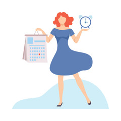 Businesswoman Planning Her Personal Schedule or Timetable, Organization and Control of Working Time, Efficient Time Management Business Concept Flat Vector Illustration