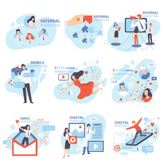 Fototapeta premium Social, Mobile, Email, Referral, Digital Marketing Set, Management Strategy, People Working on Content Engagement, Online Promotion, Internet Advertising, Business Software Flat Vector Illustration