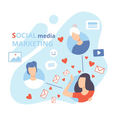 Social Media Marketing, Business Characters Social Communication, Network Business Strategy, Online Promotion Flat Vector Illustration