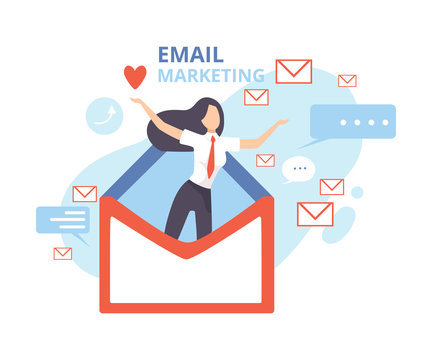 Email Marketing, Advertising Campaign, Contern eaching Target Audience with Emails Flat Vector Illustration