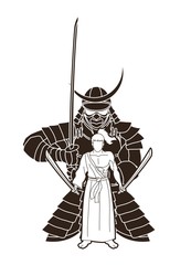 2 Samurai composition with swords cartoon graphic vector