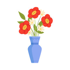Beautiful Flowers in Ceramic Vase, Bouquet of Blooming Flowers for Interior Decoration Vector Illustration