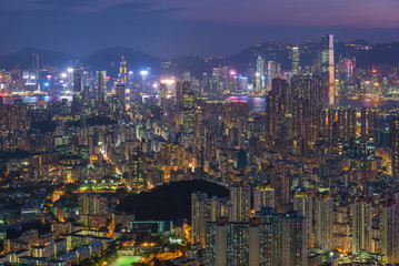 Fototapeta premium Panorama of aerial view of Hong Kong city at dusk