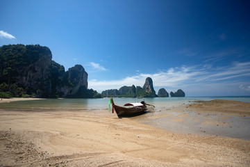 Traditional longtail boat on Tonsai beach, Thailand.