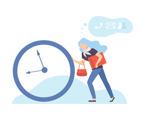 Businesswoman Pulling Big lock, Organization and Control of Working Time, Efficient Time Management Business Concept Flat Vector Illustration