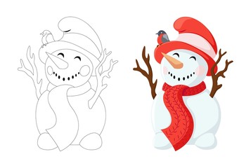 Funny snowman with a carrot instead of a nose and branches instead of hands